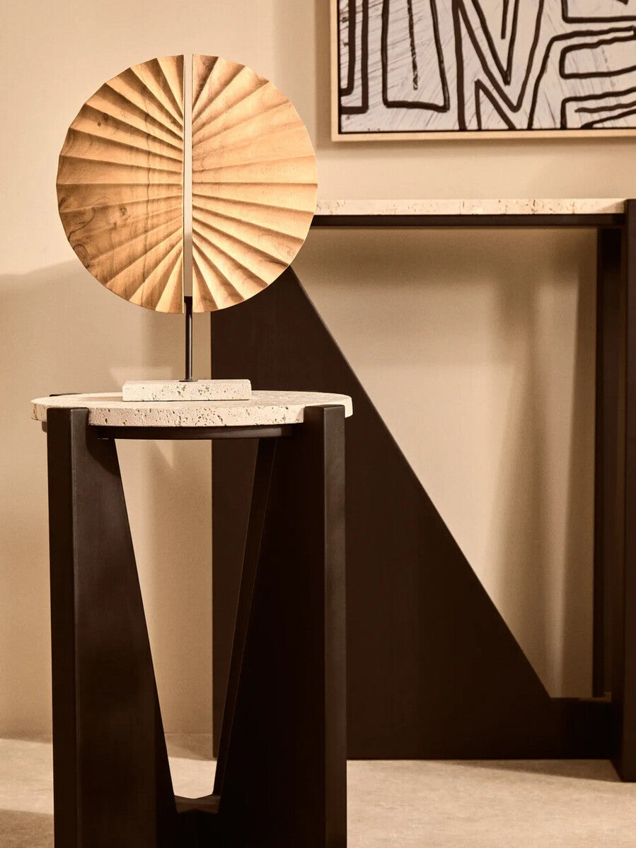 Cream Travertine Top Side Table with Black Acacia Wood Geometric Frame, Walton
