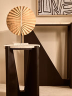 Cream Travertine Top Side Table with Black Acacia Wood Geometric Frame, Walton