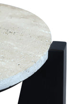 Cream Travertine Top Side Table with Black Acacia Wood Geometric Frame, Walton