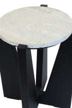 Cream Travertine Top Side Table with Black Acacia Wood Geometric Frame, Walton