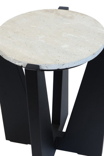 Cream Travertine Top Side Table with Black Acacia Wood Geometric Frame, Walton