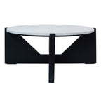 Cream Travertine Top Coffee Table with Black Acacia Wood Geometric Frame, Walton
