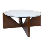 Cream Travertine Top Coffee Table with Brown Acacia Wood Geometric Frame, Walton