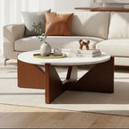 Cream Travertine Top Coffee Table with Brown Acacia Wood Geometric Frame, Walton