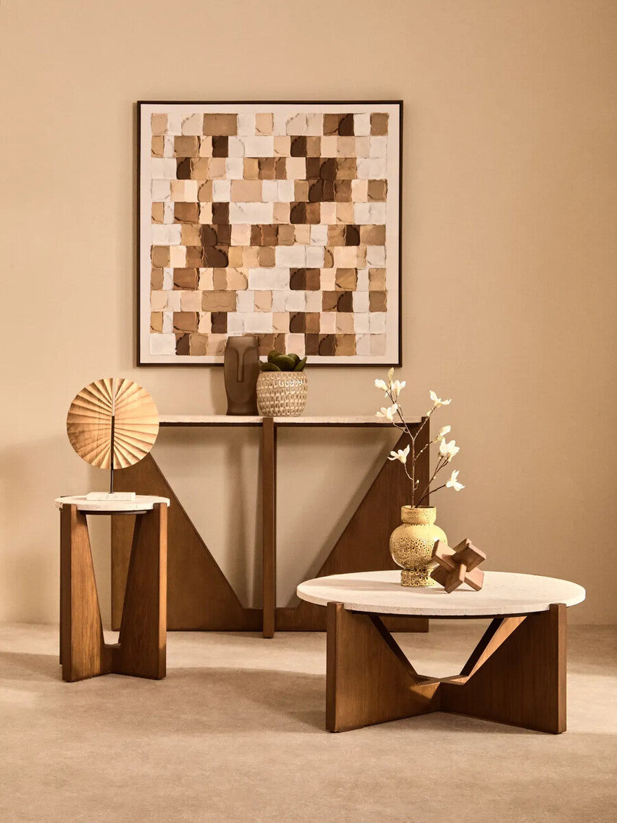 Cream Travertine Top Console Table with Brown Acacia Wood Frame, Walton