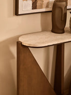Cream Travertine Top Console Table with Brown Acacia Wood Frame, Walton