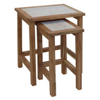 Set of 2 Cream Travertine Top Small Nesting Console Tables with Natural Acacia Wood Frames | Womad
