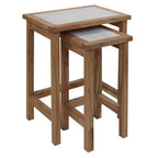 Set of 2 Cream Travertine Top Small Nesting Console Tables with Natural Acacia Wood Frames | Womad