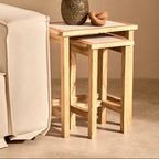 Set of 2 Cream Travertine Top Small Nesting Console Tables with Natural Acacia Wood Frames | Womad