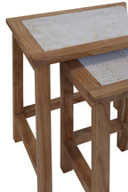 Set of 2 Cream Travertine Top Small Nesting Console Tables with Natural Acacia Wood Frames | Womad