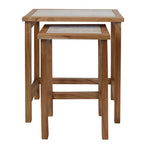 Set of 2 Cream Travertine Top Large Nesting Console Tables with Natural Acacia Wood Frames | Womad