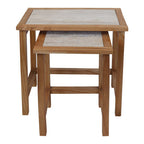Set of 2 Cream Travertine Top Large Nesting Console Tables with Natural Acacia Wood Frames | Womad