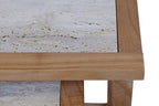 Set of 2 Cream Travertine Top Large Nesting Console Tables with Natural Acacia Wood Frames | Womad