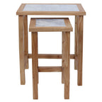 Set of 2 Small White Marble Top Nesting Side Tables with Natural Wood Frames | Womad