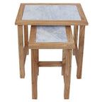 Set of 2 Small White Marble Top Nesting Side Tables with Natural Wood Frames | Womad