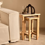 Set of 2 Small White Marble Top Nesting Side Tables with Natural Wood Frames | Womad