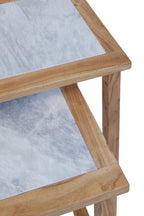 Set of 2 Small White Marble Top Nesting Side Tables with Natural Wood Frames | Womad