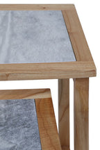 Set of 2 Large White Marble Top Nesting Side Tables with Natural Wood Frames | Womad