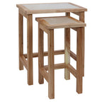 Set of 2 Small Cream Marble Top Nesting Side Tables with Natural Wood Frames | Womad