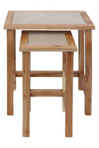 Set of 2 Small Cream Marble Top Nesting Side Tables with Natural Wood Frames | Womad
