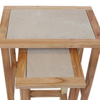 Set of 2 Small Cream Marble Top Nesting Side Tables with Natural Wood Frames | Womad