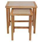 Set of 2 Large Cream Marble Top Nesting Side Tables with Natural Wood Frames | Womad