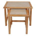 Set of 2 Large Cream Marble Top Nesting Side Tables with Natural Wood Frames | Womad