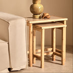 Set of 2 Large Cream Marble Top Nesting Side Tables with Natural Wood Frames | Womad