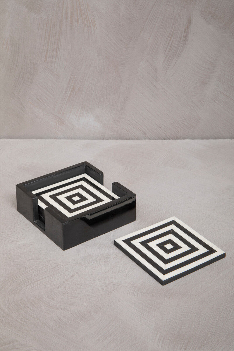 Donato Set of 4 Black and White Stripe Coasters with Holder