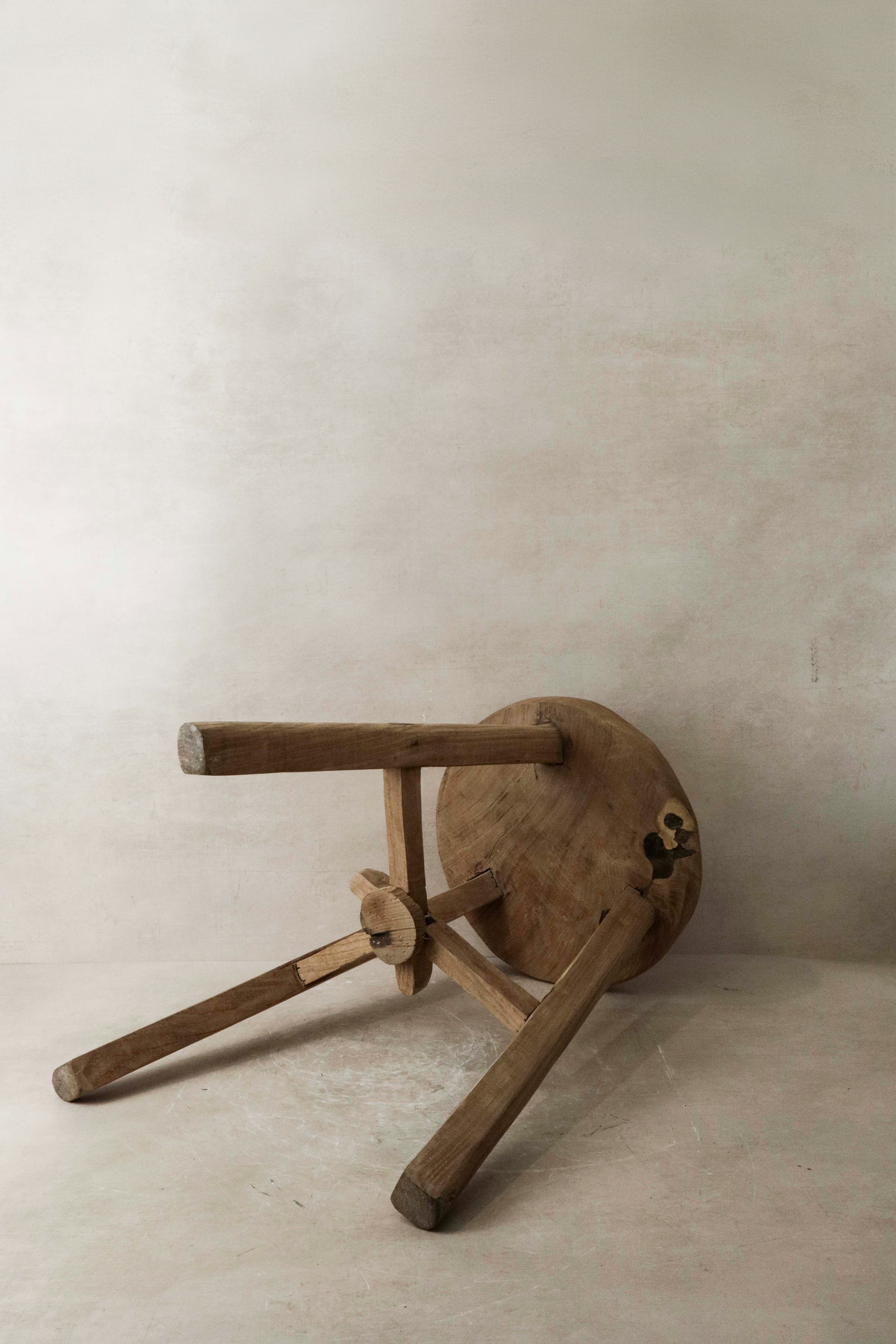 Vintage Rustic Elm Wood Stool - Round - No 9