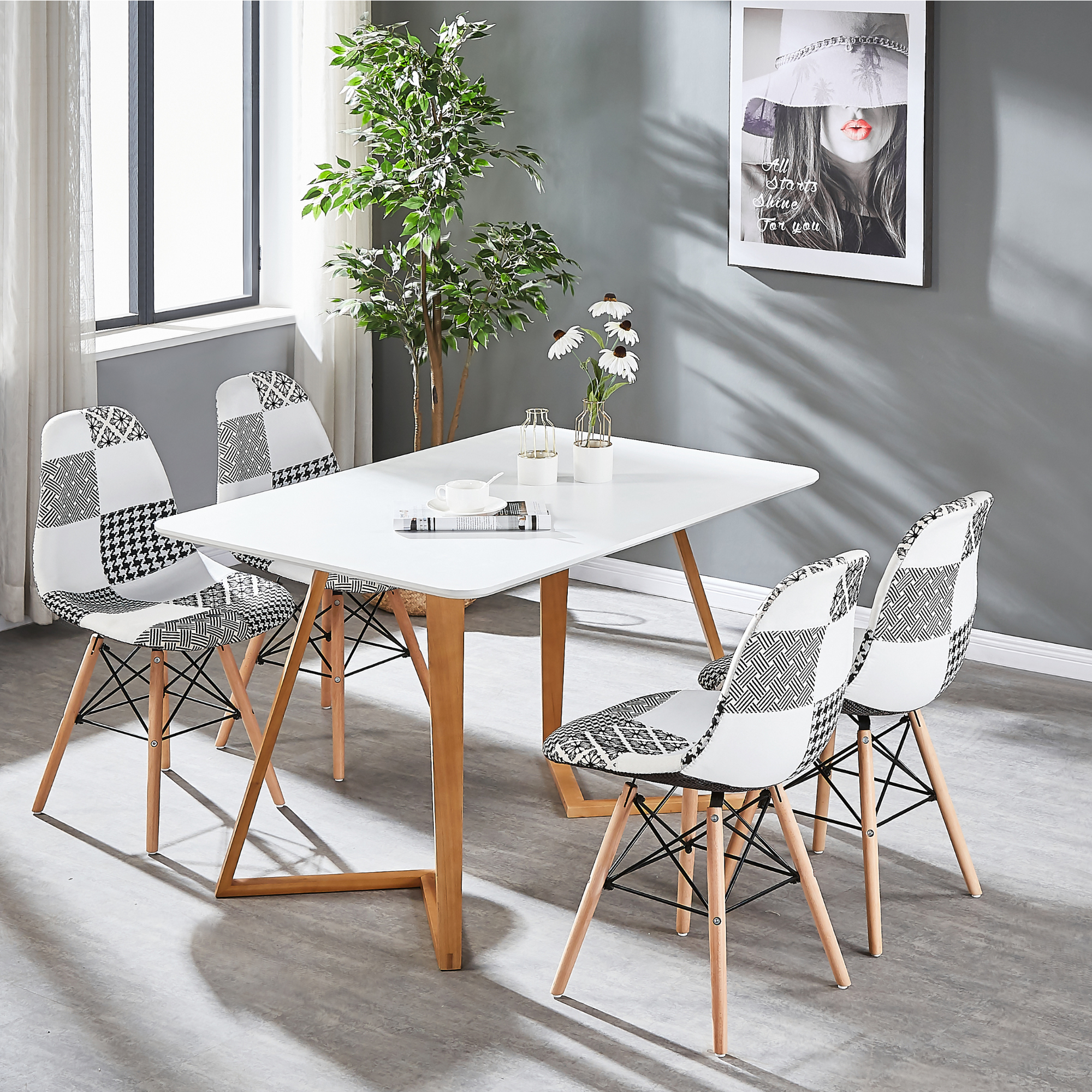 Black/White Patchwork Modern Dining Chair with Wooden Legs & Black Metal Wire Frame