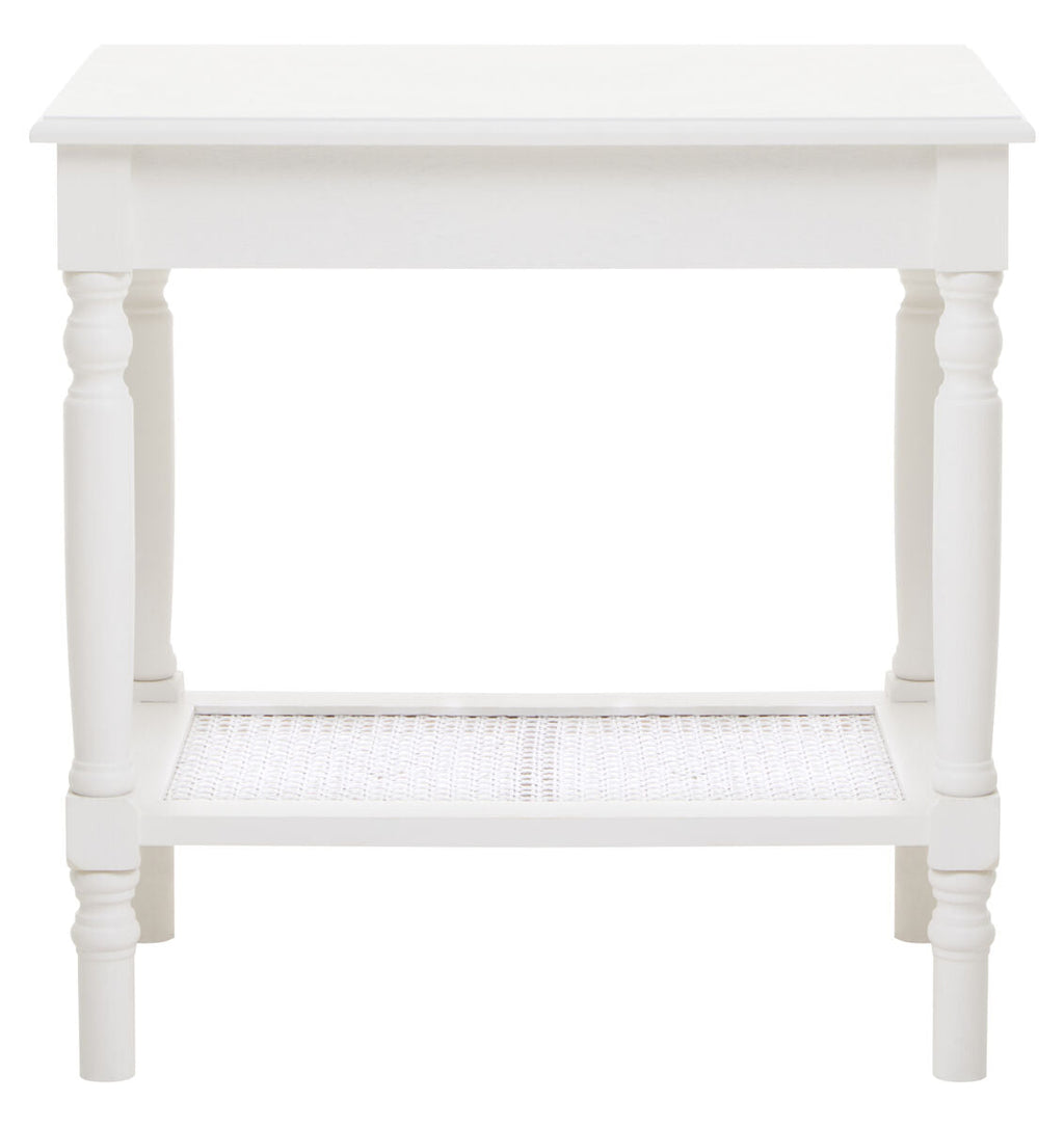 White Wooden 2-Tier Side Table with Cane Rattan Webbing Detail and Carved Legs | Heritage