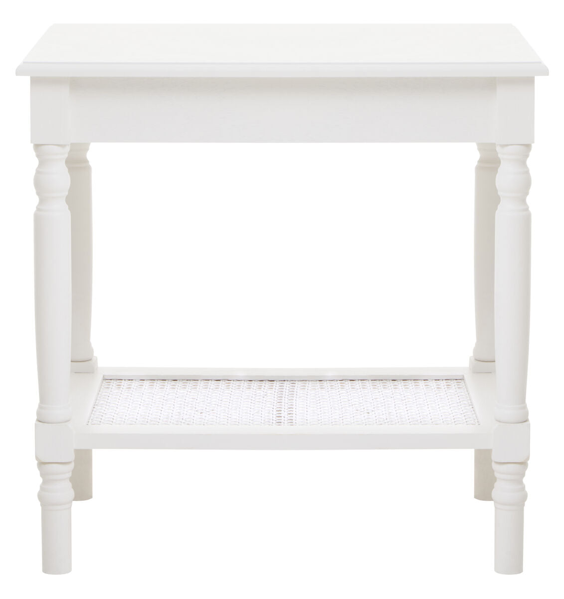 White Wooden 2-Tier Side Table with Cane Rattan Webbing Detail and Carved Legs | Heritage