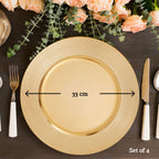 Set of Four 33cm Dia Gold Charger Plates with Ribbed Rims