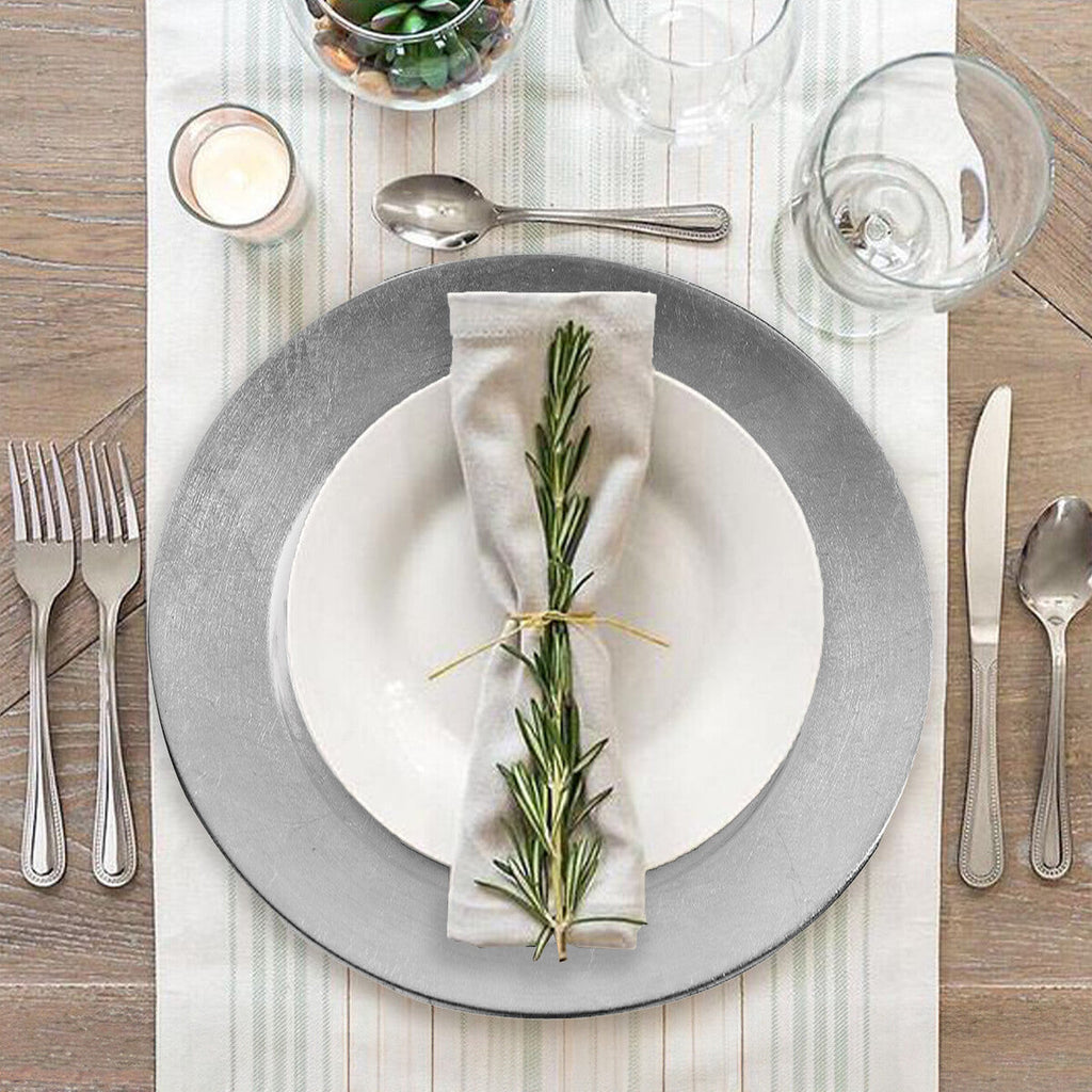 Set of Four 33cm Dia Flat Style Silver Decorative Charger Plates