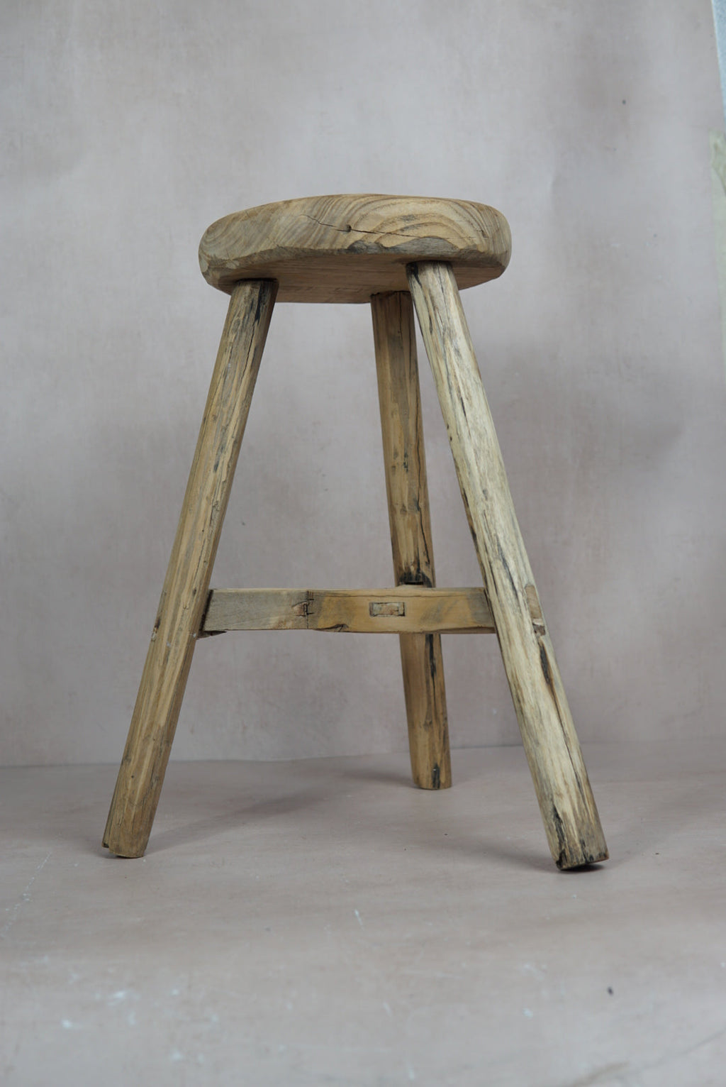Vintage Rustic Round Stool - Elm wood - 48.4