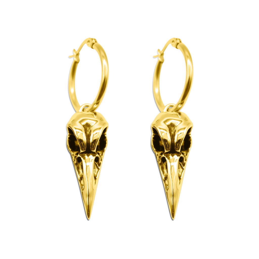 Gold Raven Bird Skull Earrings