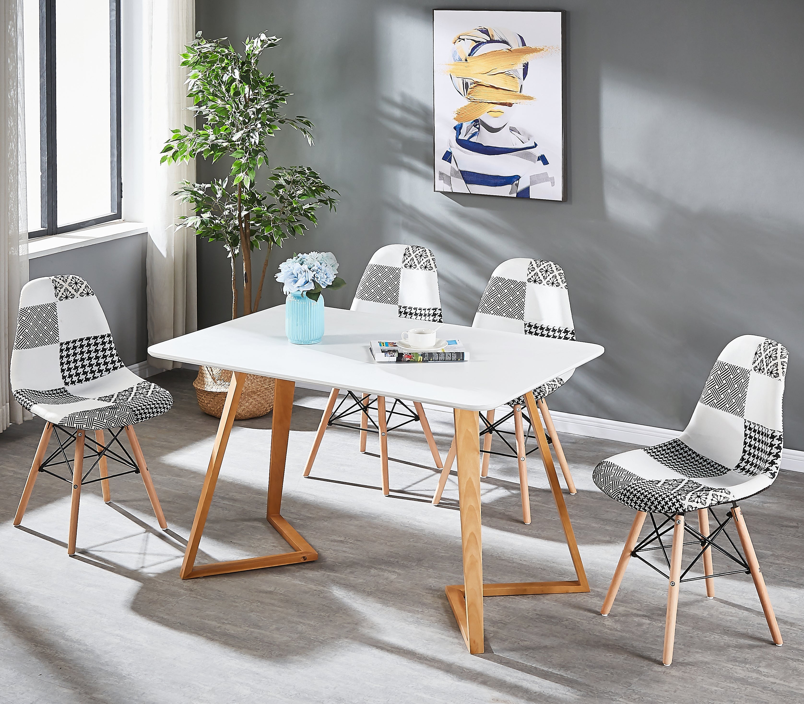 Black/White Patchwork Modern Dining Chair with Wooden Legs & Black Metal Wire Frame