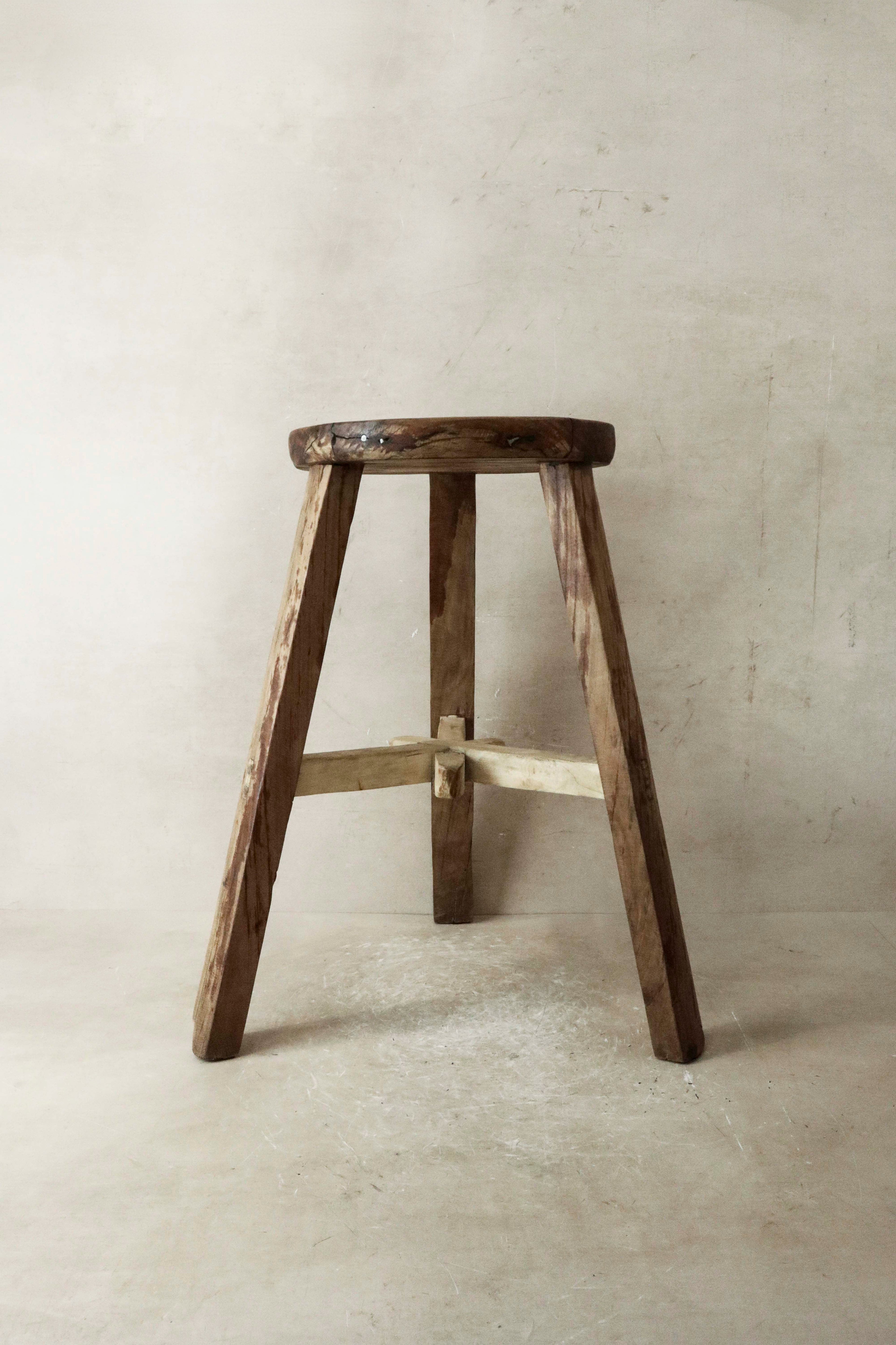 Vintage Rustic Elm Wood Stool - Round - No 28