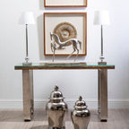 Natural Wood and Clear Glass Top Console Table with Silver U-Shaped Metal Legs, Kerala