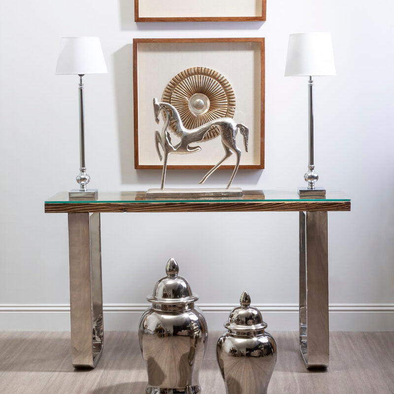Natural Wood and Clear Glass Top Console Table with Silver U-Shaped Metal Legs, Kerala