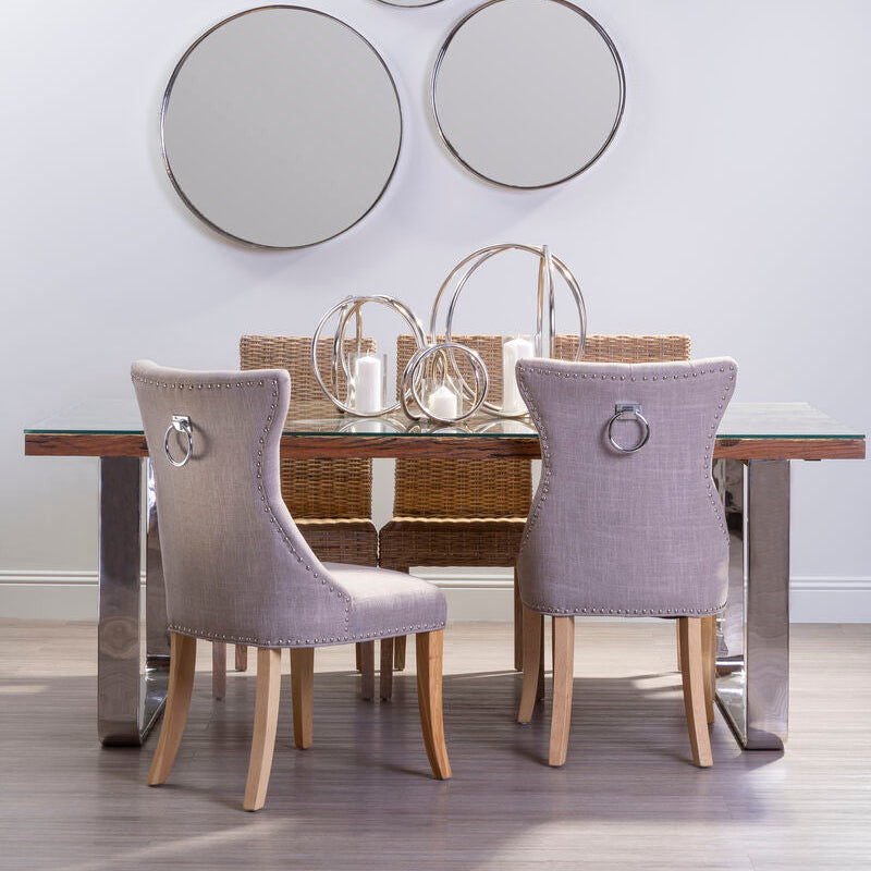 Natural Wood and Clear Glass Top Dining Table with Silver U-Shaped Metal Legs, Kerala