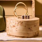 Natural Burl Wood Round Coffee Table with Drum Shape Design | Mota
