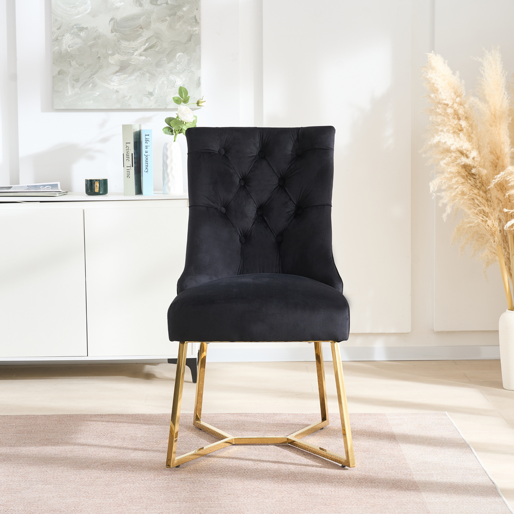 Ambra Velvet Dining Chair – Tufted Luxury Accent with Gold Legs & Ring Pull