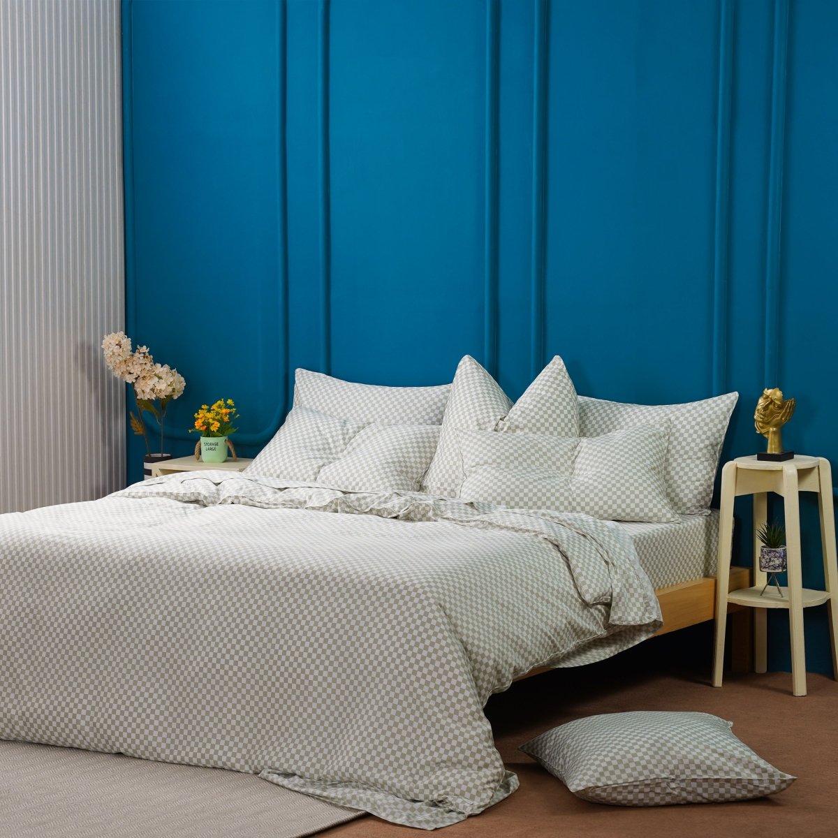 Ackly Bamboo - Sage Checkered Duvet Cover, Fitted Sheet & Pillowcases Set