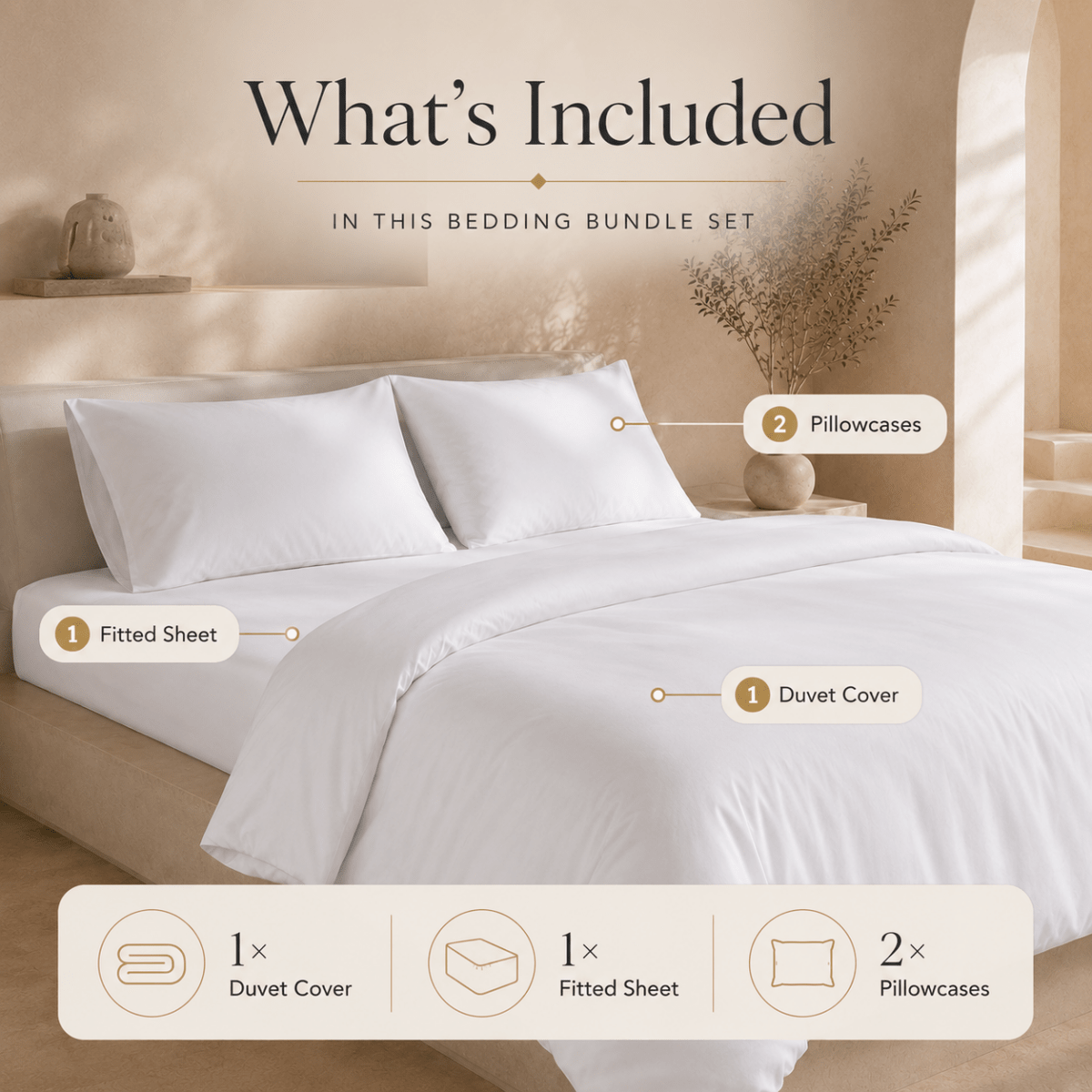 Ackly Bamboo - White Duvet Cover, Fitted Sheet & Pillowcases Set