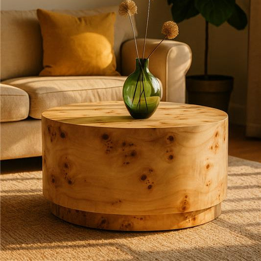 Natural Burl Wood Round Coffee Table with Drum Shape Design | Mota