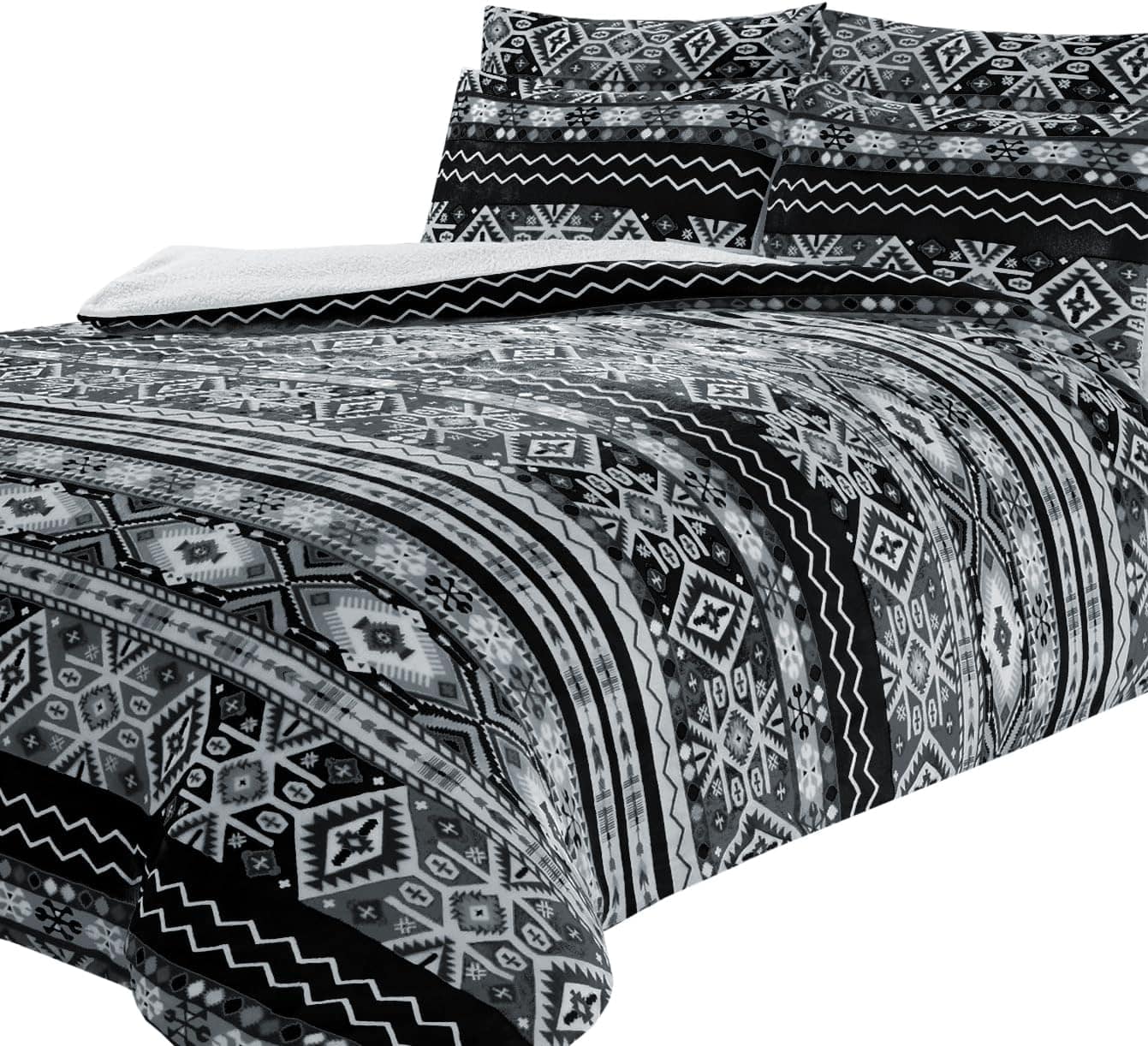 OLIVIA ROCCO Aztec Print Teddy Duvet Set With Reversible Sherpa Fleece Fur Luxurious Winter Comfort Single Double King Sizes - Nest UK