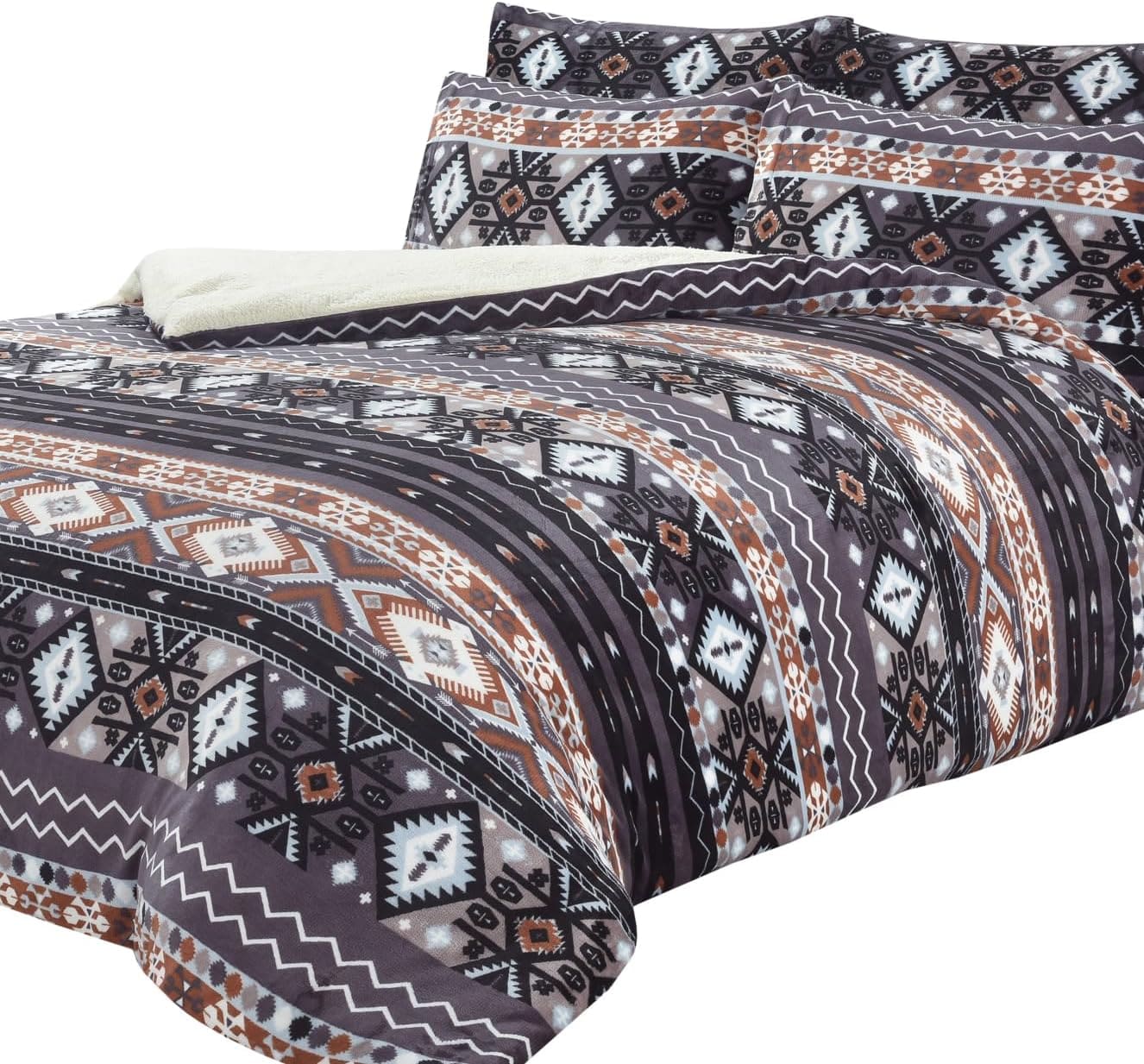 OLIVIA ROCCO Aztec Print Teddy Duvet Set With Reversible Sherpa Fleece Fur Luxurious Winter Comfort Single Double King Sizes - Nest UK