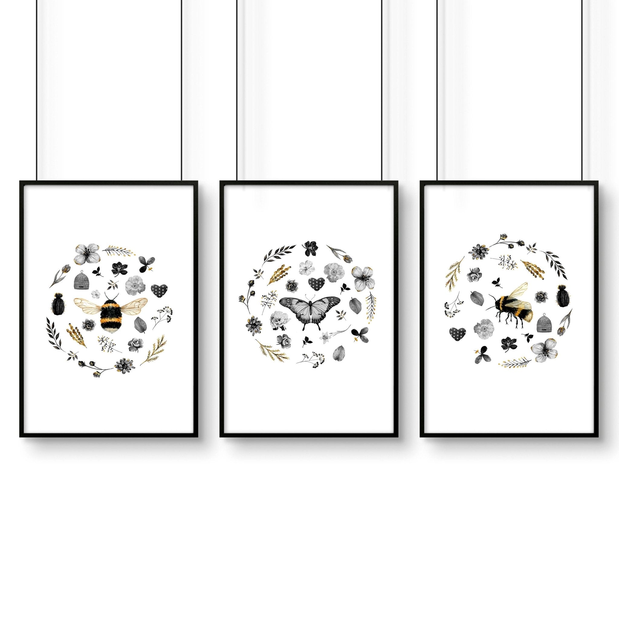 Bee wall hanging | Set of 3 pictures for entryway